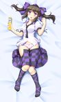  black_hair blush bow bow_panties breasts cellphone checkered checkered_skirt dakimakura full_body hair_bow hat himekaidou_hatate isaki_(gomi) looking_at_viewer lying medium_breasts necktie on_back open_clothes open_mouth open_skirt panties phone pink_panties puffy_short_sleeves puffy_sleeves purple_eyes recursion shirt short_sleeves skirt skirt_pull solo tokin_hat touhou twintails underwear 