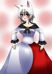  animal_ears blush breasts collarbone cosplay dress embarrassed highres imaizumi_kagerou imaizumi_kagerou_(cosplay) inubashiri_momiji jewelry large_breasts long_sleeves open_mouth red_eyes short_hair silver_hair solo touhou wolf_ears 