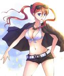  :o belt bikini bikini_top blue_eyes breasts brown_hair cleavage eyewear_on_head front-tie_top hair_bobbles hair_ornament halterneck hand_on_hip jacket_on_shoulders jewelry large_breasts long_hair midriff navel necklace original short_shorts shorts solo standing suikakitsu_shiro sunglasses swimsuit twintails xia_you_qing 
