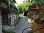  alley arano_oki blouse bow colored_eyelashes frilled_shirt_collar frills green_eyes green_hair hat hat_bow komeiji_koishi looking_back overgrown photo_background power_lines scenery shade smile solo sun_hat third-party_edit touhou 