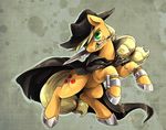  applejack_(mlp) audrarius blonde_hair cape cutie_mark earth_pony equine female feral freckles friendship_is_magic fur green_eyes hair hat hi_res horse knife looking_at_viewer mammal mouth_hold my_little_pony orange_fur pony solo 