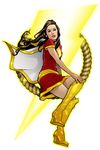  1girl boots brown_hair dc_comics dress emblem female lightning_bolt mary_batson mcgone shazam sitting solo wedge_heels yellow_shoes 