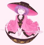  1girl bowl bowl_hat eyes_closed hat in_bowl in_container japanese_clothes kimono looking_at_viewer minigirl needle purple_hair sewing_needle short_hair smile sukuna_shinmyoumaru touhou 