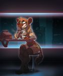  big_eyes blonde_hair blue_eyes bodysuit city cleavage clothed clothing coffee female hair jana leotard long_hair looking_up night sitting skinsuit solo sulacoyote thinking 