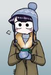  1girl black_eyes black_hair doritsuko grey_background hot_drink komi-san_wa_komyushou_desu komi_shouko long_hair looking_at_viewer winter_clothes 