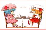  ascot bat_wings blonde_hair blue_hair cake chair chibi closed_eyes cup dress english flandre_scarlet food fork frame hat hat_ribbon heart mary_janes mob_cap multiple_girls open_mouth pink_dress puffy_sleeves red_dress rei_(tonbo0430) remilia_scarlet revision ribbon shirt shoes short_sleeves siblings side_ponytail sisters smile strawberry_shortcake table teacup teapot touhou wings 