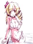  arm_support bikini blonde_hair bow bracelet breasts cleavage drill_hair hair_bow jewelry large_breasts mahou_shoujo_madoka_magica miuku_(marine_sapphire) navel parted_lips pool side-tie_bikini sketch skindentation strap_gap swimsuit tomoe_mami twin_drills twintails wading white_swimsuit yellow_eyes 