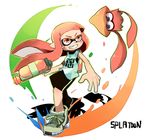  1girl citolo domino_mask female grin gun ink inkling mask nintendo orange_eyes orange_hair shorts smile splatoon squid squirt_gun teeth tentacle_hair water_gun weapon 