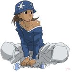  artist_request brown_hair cosplay dark_skin eureka_seven eureka_seven_(series) gidget hat jpeg_artifacts lips lowres moondoggie moondoggie_(cosplay) oekaki shirt_slip simple_background sitting solo 