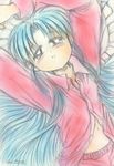  belly_button blue_hair blush freckles masaki_sasami_jurai navel pajamas tenchi_muyo tenchi_muyou! 