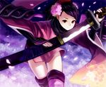  armor bad_id bad_pixiv_id black_hair brown_eyes comb flower hair_flower hair_ornament holding holding_sword holding_weapon japanese_armor japanese_clothes katana kote kurokote leaning_forward left-handed momohime oboro_muramasa petals ponytail sheath short_hair shoulder_armor siro smile sode solo sword thighhighs unsheathing weapon wide_sleeves 