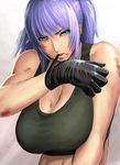  bare_shoulders blood blue_eyes breasts cleavage gloves huge_breasts kurohardt leona_heidern long_hair mouth_hold ponytail purple_hair solo tank_top the_king_of_fighters 
