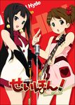  akiyama_mio dress earrings fuwafuwa_time gloves guitar hair_ornament hairclip heart hirasawa_yui instrument jewelry k-on! microphone microphone_stand mizuki_makoto mod_fashion multiple_girls side_ponytail 