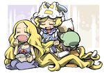  animal_ears bad_id bad_pixiv_id blonde_hair brown_hair cat_ears cat_tail chen closed_eyes cutting_hair fox_tail hair_brush hair_brushing hat hounori long_hair long_sleeves mob_cap multiple_girls multiple_tails no_hat no_headwear open_mouth pillow_hat scissors short_hair sleeveless tail tassel touhou very_long_hair yakumo_ran yakumo_yukari yawning 