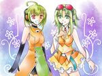  ahoge belt elbow_gloves fl-chan fl_studio gloves goggles green_eyes green_hair gumi headset multiple_girls orange_eyes phyllon_lithos skirt smile vocaloid wing_collar wrist_cuffs 