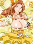  breasts brown_eyes brown_hair choker cleavage cosplay cure_pine cure_pine_(cosplay) fresh_precure! hair_ornament heart heart_hair_ornament heart_hands huge_breasts magical_girl mature orange_choker precure solo tetsukui yamabuki_naoko 