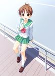  absurdres brown_eyes brown_hair cellphone highres hinata_nao hirasawa_ui k-on! looking_up open_mouth phone railing school_uniform skirt solo 