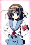  blush brown_eyes brown_hair hairband hands_on_hips kita_high_school_uniform kouji_(campus_life) school_uniform serafuku short_hair skirt smile solo suzumiya_haruhi suzumiya_haruhi_no_yuuutsu 