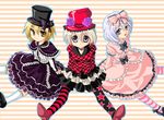  blonde_hair brown_hair frills gothic_lolita hat lolita_fashion lunasa_prismriver lyrica_prismriver merlin_prismriver mismatched_legwear multiple_girls nagare siblings silver_hair sisters sitting striped striped_legwear the_iron_of_yin_and_yang thighhighs top_hat touhou 