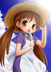  apron bad_id bad_pixiv_id brown_eyes brown_hair cloud day food futaba_channel hat hidoi kikai_(pixiv141279) open_mouth popsicle sky solo straw_hat tongue twintails 