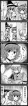  2girls 5koma armband comic enokuma_uuta eyes glasses greyscale hairband hat heart highres japanese_clothes kirisame_marisa komeiji_satori long_hair mind_reading monochrome morichika_rinnosuke multiple_girls reading ribbon short_hair skirt touhou translated trolling witch_hat 