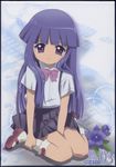  bangs bellflower between_legs blue_hair blunt_bangs bobby_socks bow bowtie flower full_body furude_rika hand_between_legs highres higurashi_no_naku_koro_ni kneeling long_hair looking_at_viewer mary_janes oka_mariko pink_bow pleated_skirt purple_eyes red_footwear scan shoes short_sleeves sitting skirt smile socks solo suspenders wariza white_legwear 