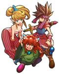  1girl 1other androgynous homa_kura long_hair open_mouth pointy_ears popoi primm randi seiken_densetsu seiken_densetsu_2 sheath sheathed staff sword weapon 