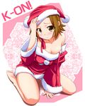  bare_shoulders barefoot blush breasts brown_eyes brown_hair cleavage hat k-on! kneeling large_breasts matatabi_(2ccp) santa_costume santa_hat short_hair solo tainaka_ritsu tomboy 