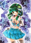  acrylic_paint_(medium) bad_id bad_pixiv_id colored_pencil_(medium) detached_sleeves frog green_eyes green_hair hair_ornament kidanieru kochiya_sanae marker_(medium) midriff navel pleated_skirt short_hair skirt snake solo thighhighs touhou traditional_media 