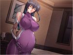  black_hair bodysuit breasts covered_nipples fishnets game_cg green_eyes huge_breasts igawa_asagi kagami_hirotaka long_hair naughty_face ninja pregnant purple_bodysuit room skin_tight solo taimanin_(series) taimanin_asagi unitard 