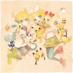  1girl alternate_color alternate_hairstyle bad_id bad_pixiv_id blonde_hair blue_eyes elekid gen_1_pokemon gen_2_pokemon gen_3_pokemon gen_4_pokemon holding holding_hands holding_poke_ball kagamine_len kagamine_rin minun pachirisu pantyhose pechika pichu pikachu plusle poke_ball pokemon pokemon_(creature) rotom shinx shiny_pokemon short_hair skirt spiky-eared_pichu vocaloid 