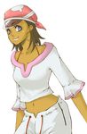  artist_request blue_eyes brown_hair dark_skin earrings eureka_seven eureka_seven_(series) gidget hat jewelry midriff short_hair simple_background smile solo 