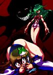  ass blood borrowed_design crazy_eyes detached_sleeves evil_grin evil_smile frog green_hair grin highres ichi_(ichikai) kazami_yuuka kochiya_sanae long_hair multiple_girls one-piece_swimsuit red_eyes sadism scared school_swimsuit screaming sharp_teeth smile snake swimsuit tears teeth touhou white_school_swimsuit white_swimsuit wrestling wrestling_outfit you_gonna_get_raped 