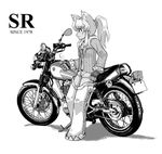  animal_ears bad_id bad_pixiv_id dark_skin extra_ears greyscale ground_vehicle liru monochrome motor_vehicle motorcycle ponytail renkin_san-kyuu_magical_pokaan solo thighhighs tokka wolf_ears wolf_girl yamaha yamaha_sr400 