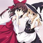  :d apron bangs black_hat black_ribbon black_skirt black_vest blonde_hair bow braid brown_eyes brown_hair buttons detached_sleeves eyes_visible_through_hair frilled_bow frilled_hair_tubes frills hair_bow hair_tubes hakurei_reimu hands_on_headwear hat hat_bow hat_ribbon kirisame_marisa looking_at_viewer lowres multiple_girls neck_ribbon open_mouth petals red_bow red_ribbon red_skirt ribbon ribbon-trimmed_sleeves ribbon_trim sarashi shirt side_braid skirt smile takase_kanan touhou vest waist_apron white_bow white_ribbon white_shirt white_sleeves witch_hat 