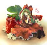  arm_ribbon bad_id bad_pixiv_id boots bow dress food frills front_ponytail fruit green_hair hair_ribbon hands_together heart in_food kagiyama_hina minigirl own_hands_together red_dress red_eyes ribbon sitting smile solo steepled_fingers strawberry touhou vitaminlemon 