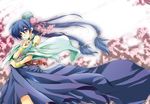  armband blue_eyes blue_hair blue_skirt bracelet branch bun_cover cherry_blossoms double_bun earrings flower jewelry long_hair long_skirt low-tied_long_hair san_chin sangokushi_taisen shawl shibamine_takashi skirt smile twintails very_long_hair wind 