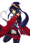  black_hair blue_eyes chinese_clothes detached_sleeves hair_ornament haura_akitoshi headdress leg_up long_hair oui pantyhose ribbon sangokushi_taisen sheath sheathed solo standing standing_on_one_leg sword weapon 