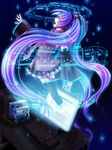  aqua_hair computer detached_sleeves hatsune_miku headset long_hair musical_note necktie skirt solo star thighhighs twintails very_long_hair vocaloid yutu zettai_ryouiki 