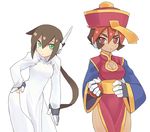  aile atlas breasts brown_hair china_dress chinese_clothes cleavage cleavage_cutout cosplay dark_skin dress gloves green_eyes jiangshi lei_lei lei_lei_(cosplay) lowres medium_breasts multicolored_hair multiple_girls ponytail red_eyes red_hair robot_ears rockman rockman_zx rockman_zx_advent shigehiro_(hiroi_heya) vampire_(game) 