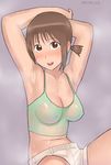  armpits blush breasts brown_eyes brown_hair camisole cleavage covered_nipples hinako_(issho_ni_training) issho_ni_training large_breasts midriff short_hair shorts solo sweat zenkou 