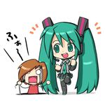  bad_id bad_pixiv_id brown_hair chibi detached_sleeves green_hair hatsune_miku long_hair meiko multiple_girls necktie o_o rif simple_background skirt smile thighhighs twintails very_long_hair vocaloid 