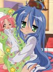  2girls :3 blue_hair blush body_pillow dakimakura dakimakura_(object) female green_eyes izumi_konata kogami_akira long_hair long_sleeves lucky_star multiple_girls pillow pink_hair short_hair solo_focus wink 