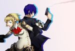  1girl aegis_(persona) blonde_hair blue_eyes blue_hair evoker gun jorogumo persona persona_3 weapon yuuki_makoto 