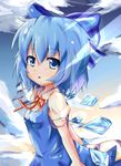  blue_eyes blue_hair bow cirno hair_bow ice rariemonn short_hair solo touhou wings 