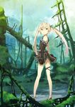  ahoge bare_shoulders blonde_hair day elbow_gloves flat_chest gloves high_heels highres houru legs long_hair looking_back original outdoors ruins shoes skirt solo standing striped thigh_strap twintails yellow_eyes 