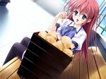  bench blue_eyes box bread food game_cg glasses haibara_kurumi long_hair melon_bread non-web_source red_hair saishuu_shiken_kujira school_uniform solo thighhighs 