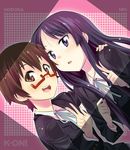  akiyama_mio black_hair blue_eyes brown_eyes brown_hair face glasses k-on! long_hair manabe_nodoka multiple_girls red-framed_eyewear school_uniform semi-rimless_eyewear short_hair under-rim_eyewear v zpolice 