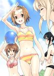  akiyama_mio bikini cloud day highres hirasawa_yui k-on! kotobuki_tsumugi midriff multiple_girls navel open_mouth round_teeth satou_atsuki sky striped striped_bikini striped_swimsuit swimsuit tainaka_ritsu teeth tomboy 