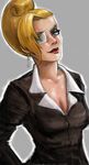  blonde_hair breasts cleavage earrings eyepatch formal green_eyes jewelry large_breasts lipstick makeup mature_(kof) solo suit the_king_of_fighters the_king_of_fighters_xii 